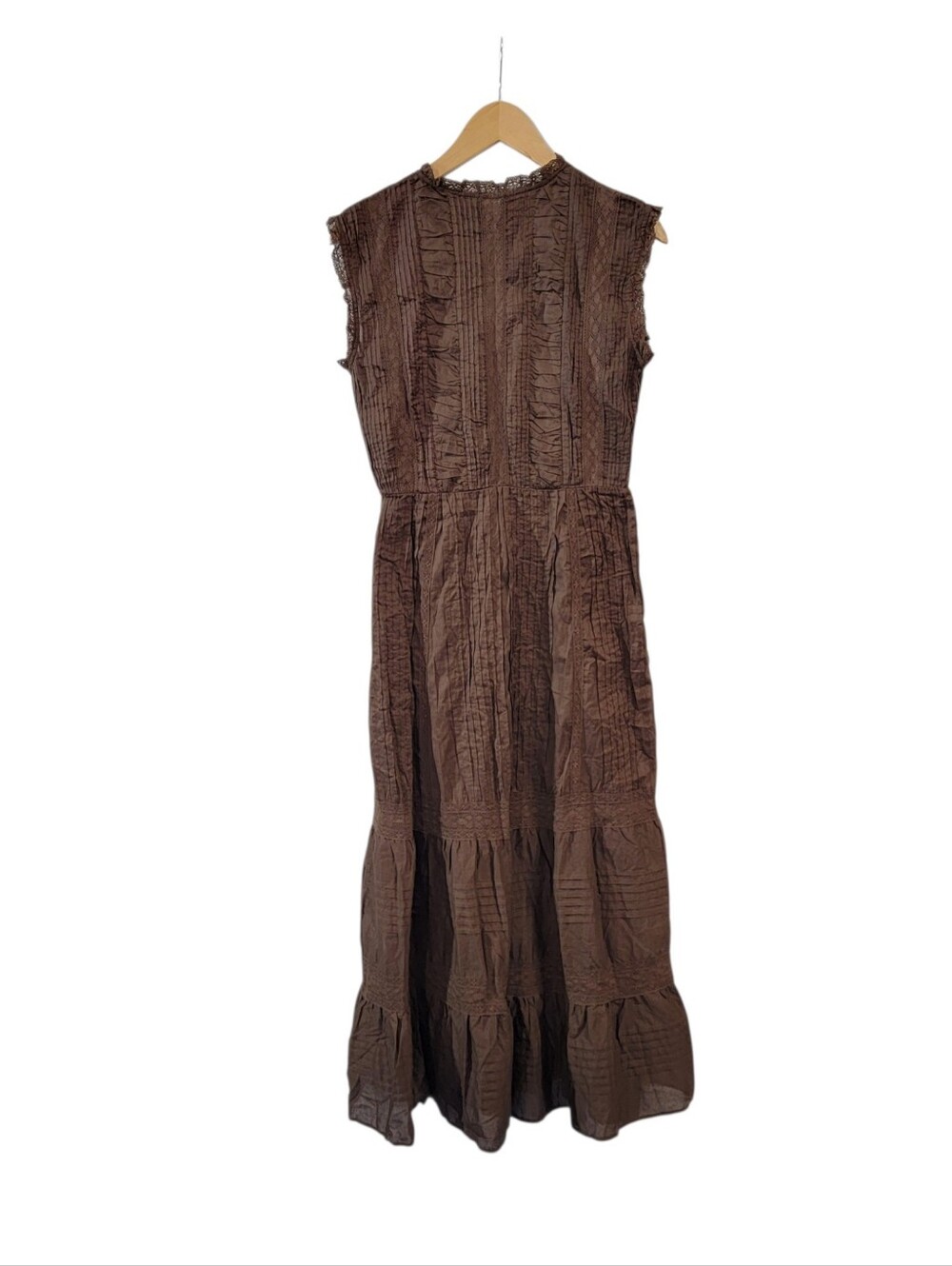 Few Moda Atelier Sorella Brown Maxi Dress, Button Front, Pintucking, Lace - Picture 6 of 10